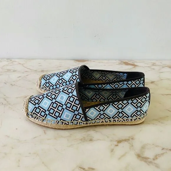 TORY BURCH Blue Brown 4T Logo Print Canvas/Veg Leather Espadrille Flats - US 6.5 - Picture 3 of 7